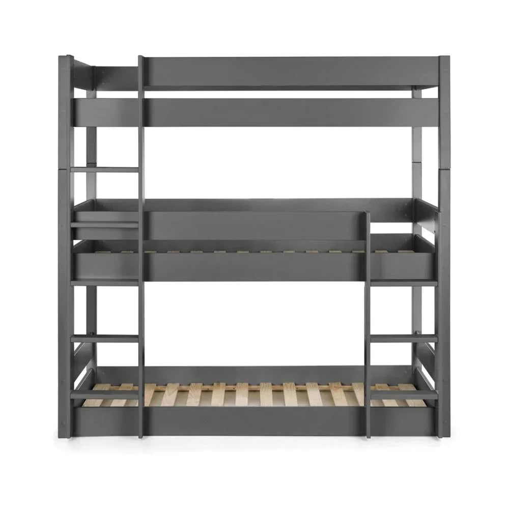 Grey triple sleeper bunk bed with straight ladders and wooden slats, front view