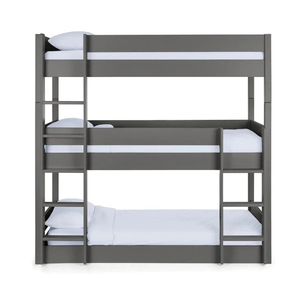 Grey triple bunk bed with ladders and white mattresses, front view