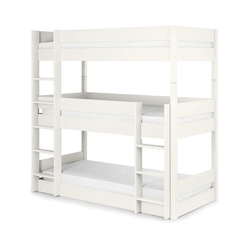 White triple bunk bed with ladders and guard rails, suitable for kids’ bedroom