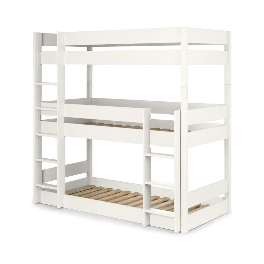 White wooden triple bunk bed frame with two ladders and guard rails