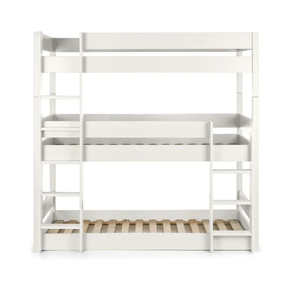 White wooden triple bunk bed with ladders on each side and slatted bases