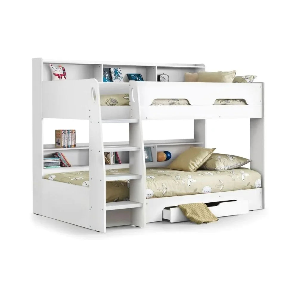 White wooden bunk bed with ladder, storage shelves and underbed drawer, dressed with bedding