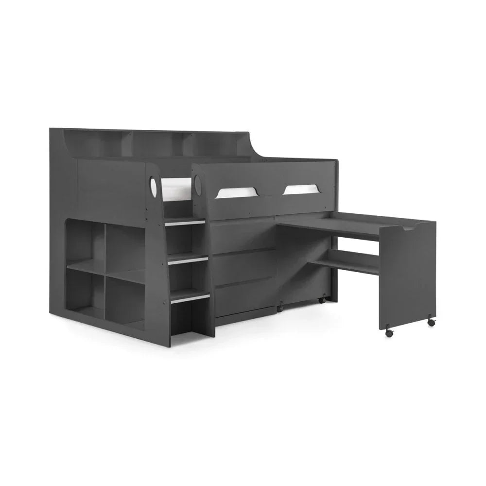 Grey mid sleeper bed with built-in shelves, ladder, and pull-out desk on castors