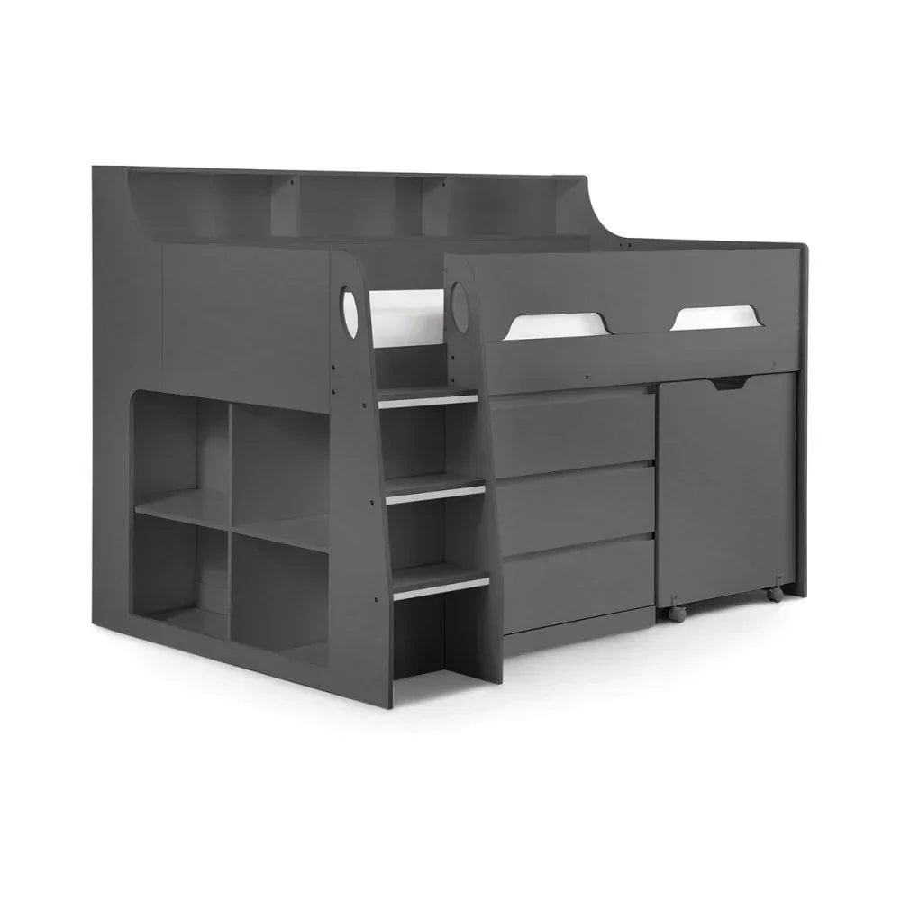 Grey mid sleeper bed with built-in storage shelves, drawers, and stairs