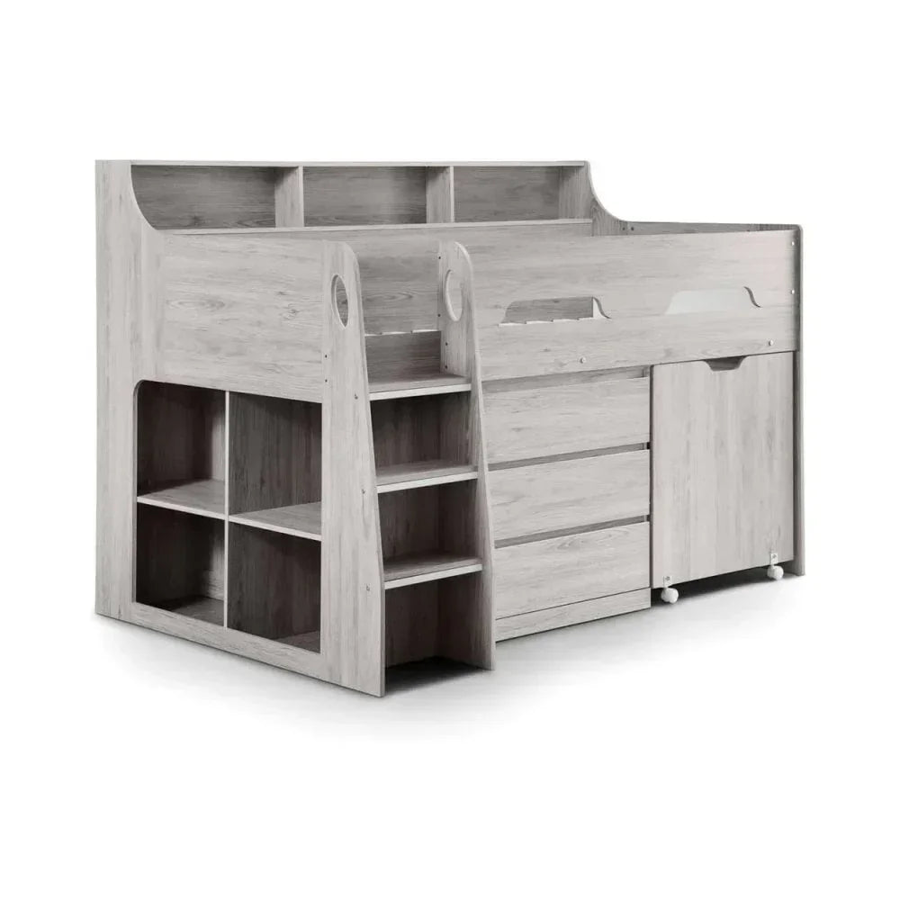Light wood mid sleeper bed with storage shelves, drawers, and pull-out desk