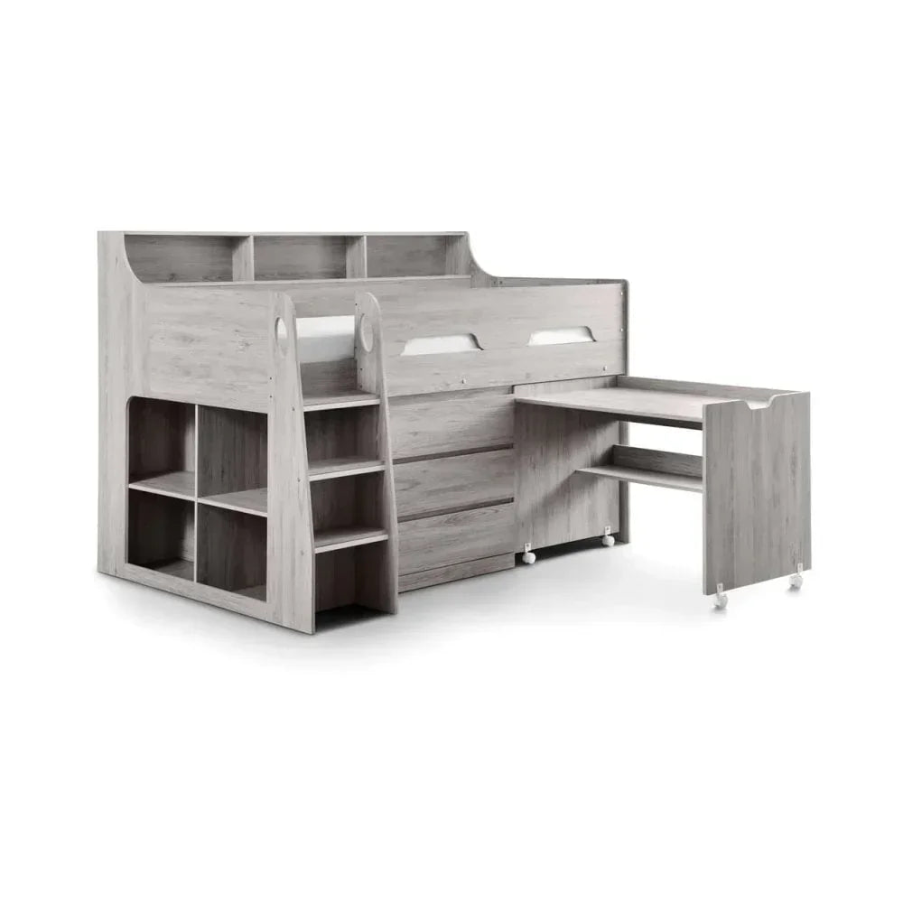 Grey wood cabin bed with built-in storage shelves, ladder, drawers, and pull-out desk
