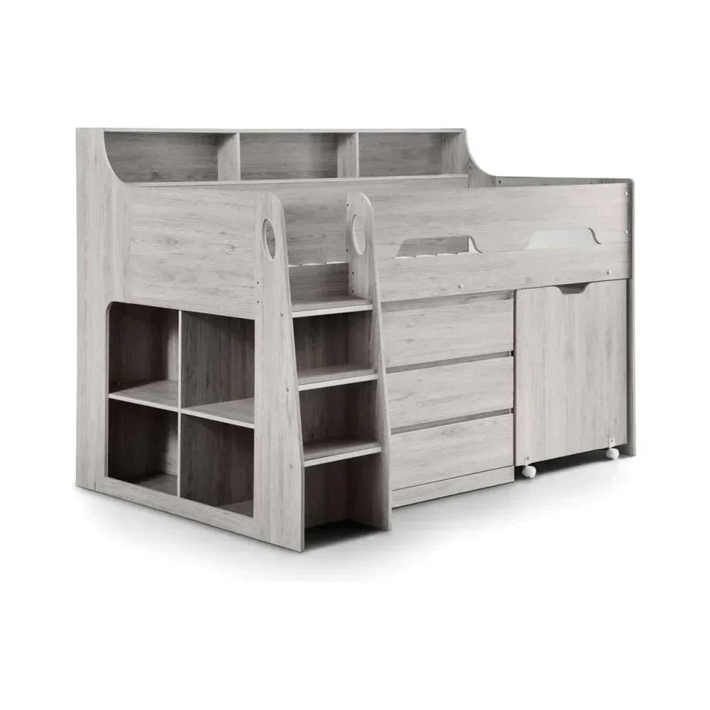 Light wood mid sleeper cabin bed with ladder, drawers, shelves, and pull-out desk