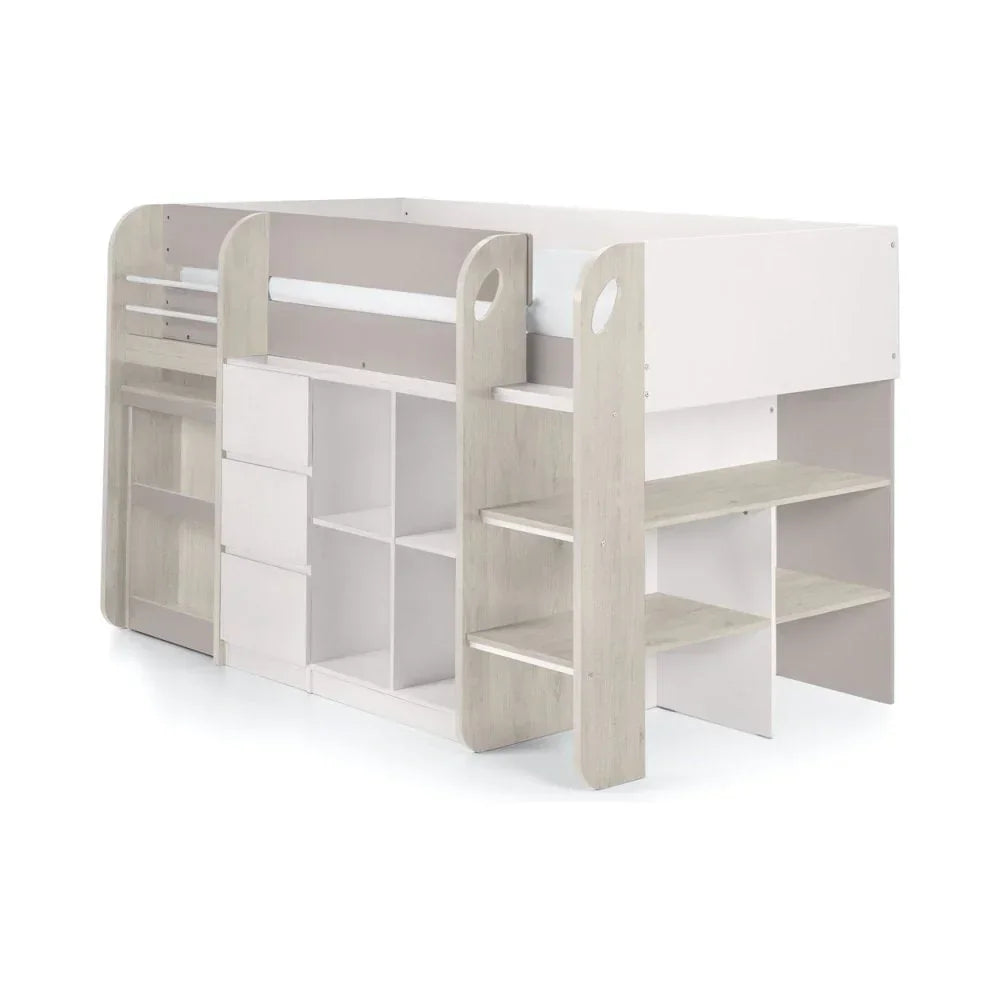White and light wood cabin bed with storage shelves, drawers, and side ladder