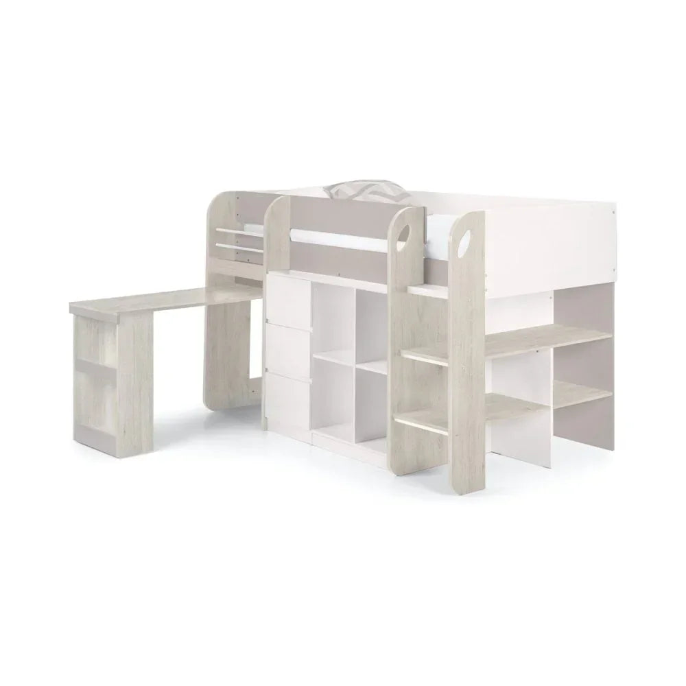 White wooden mid sleeper bed with integrated desk, shelves, storage and ladder