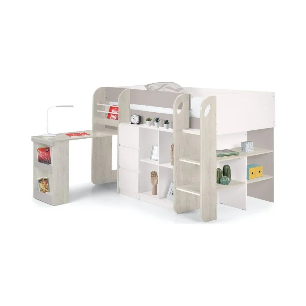 White loft bed with integrated desk, shelving, ladder, and storage compartments