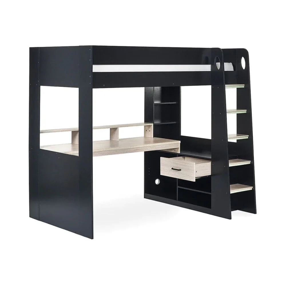 Black and oak loft bed with built-in desk, drawer, shelves, and step ladder