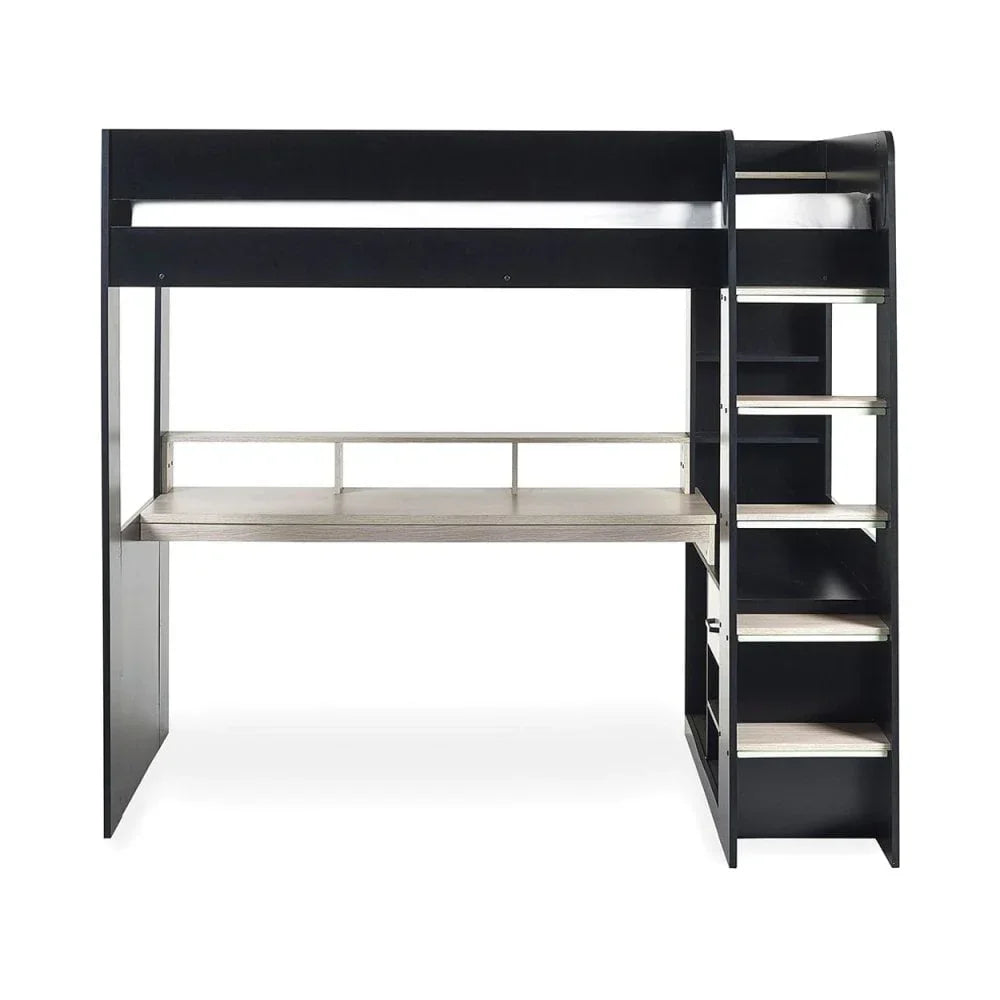 Black loft bed with built-in desk and storage shelves, front view