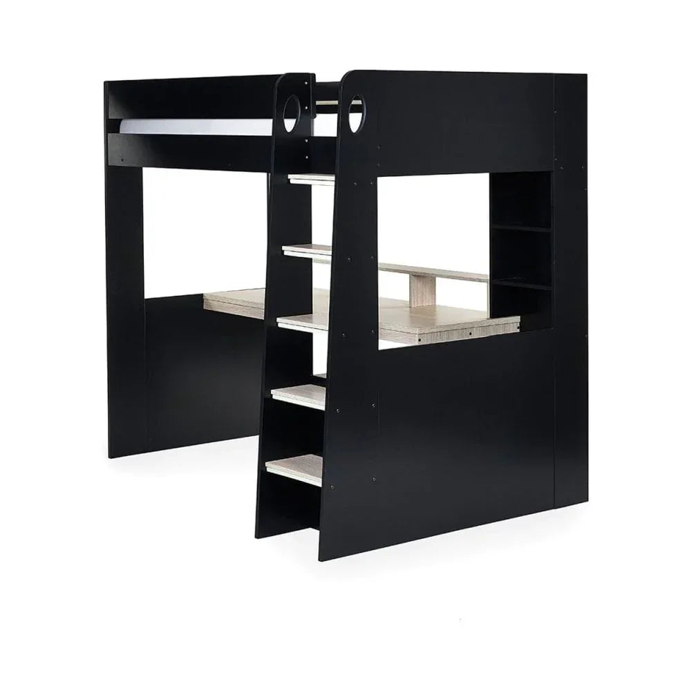 Black wooden bunk bed with integrated desk, shelves, and ladder front view