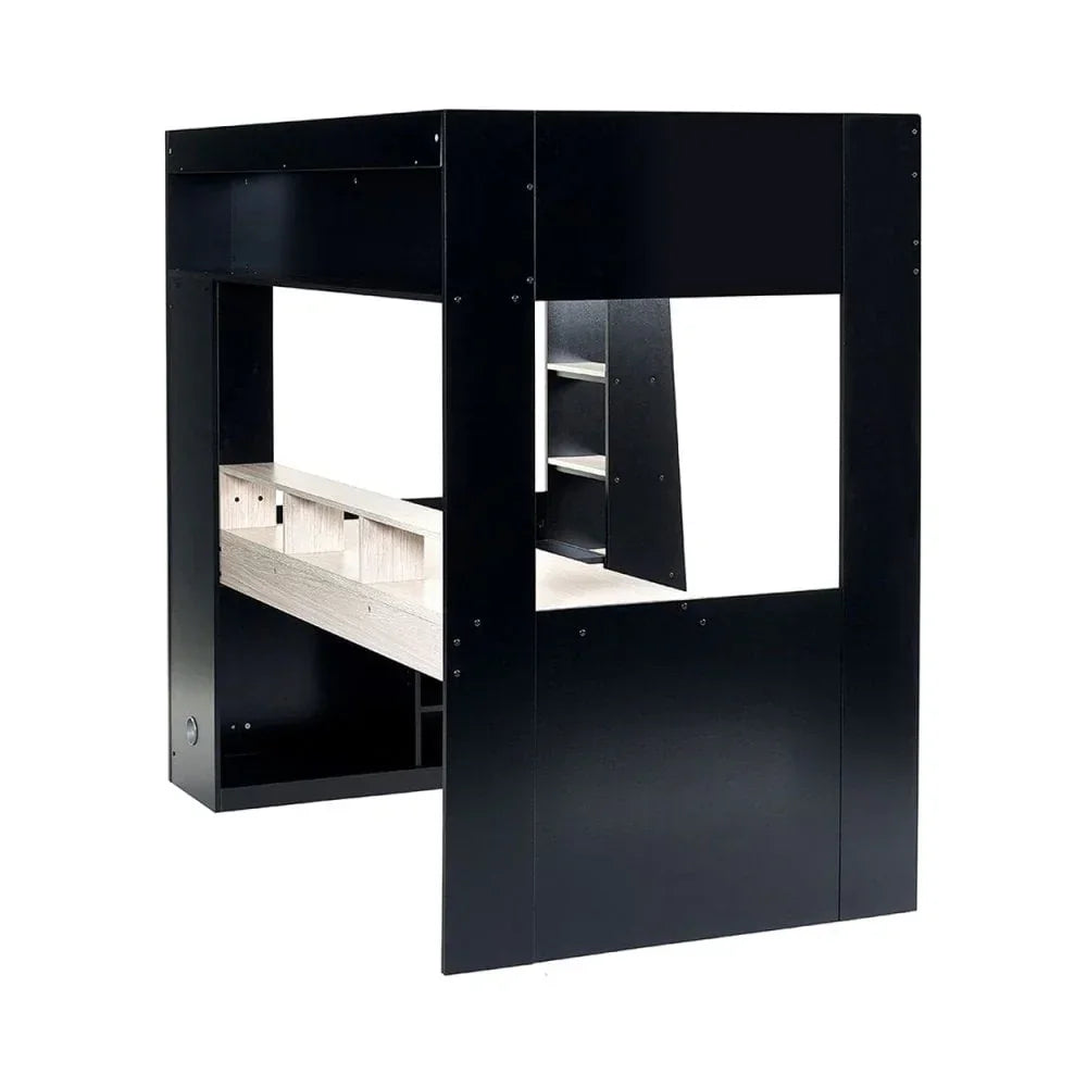Black and wood finish high sleeper bed frame with integrated desk and shelves
