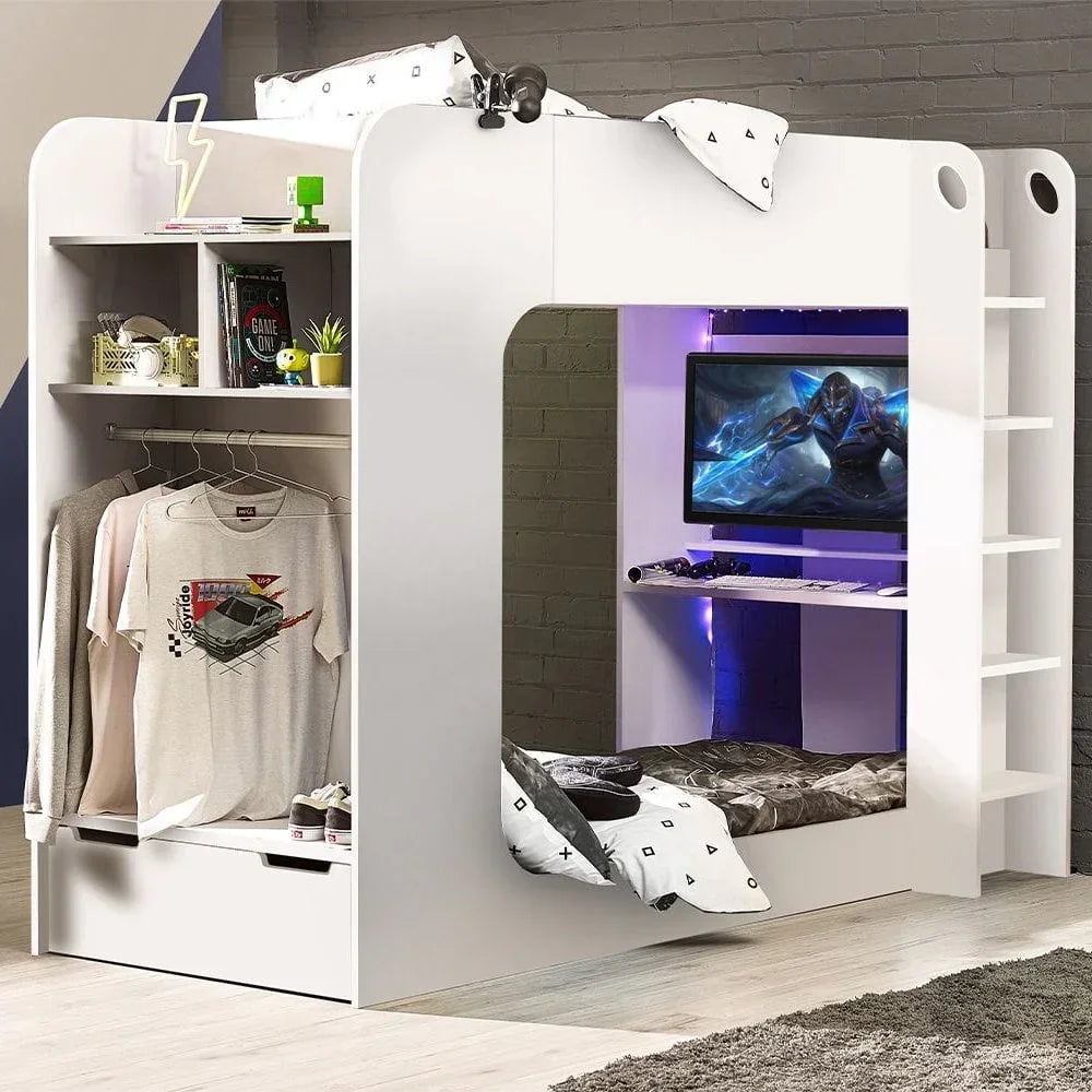 White gaming bunk bed with wardrobe, desk, wall-mounted monitor, and built-in ladder