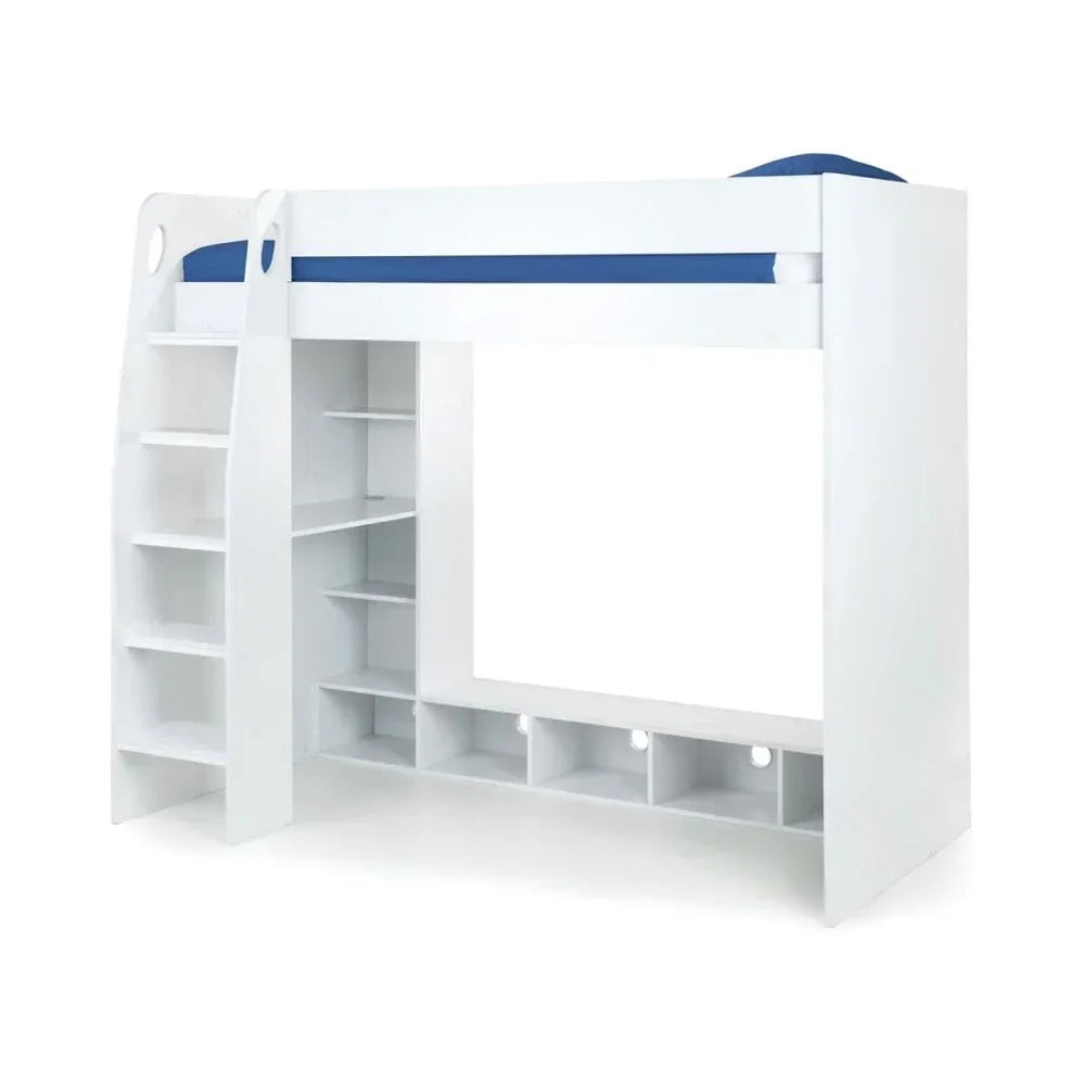 White loft bed with built-in shelves, ladder, and blue trim, suitable for children's rooms