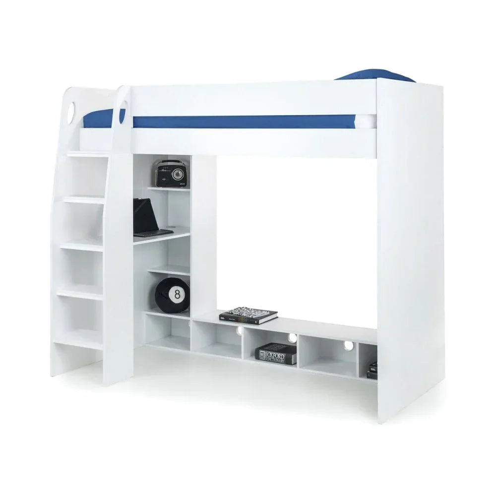 White loft bed with blue mattress, ladder, built-in shelves, and open underbed storage