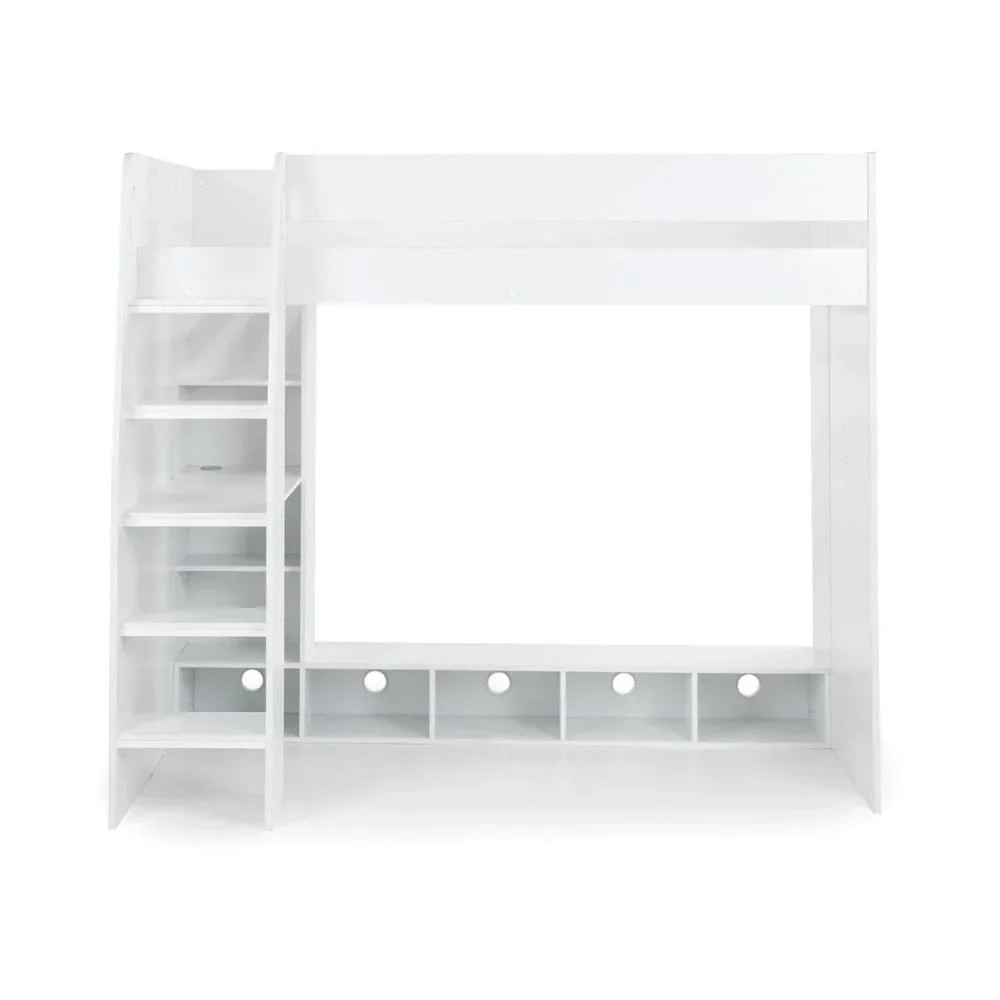 White wooden bunk bed with built-in staircase and open shelving underneath