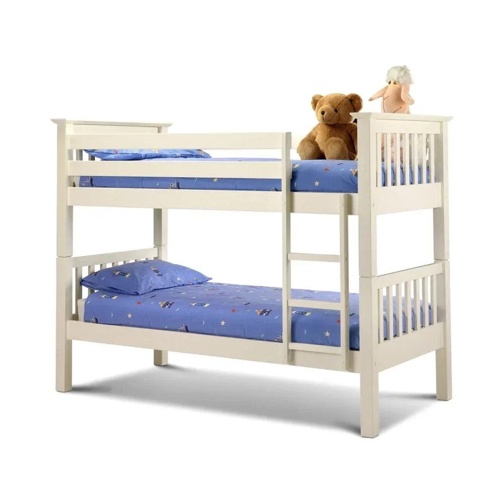 White wooden bunk bed with ladder, blue bedding, teddy bear and plush lamb on top bunk