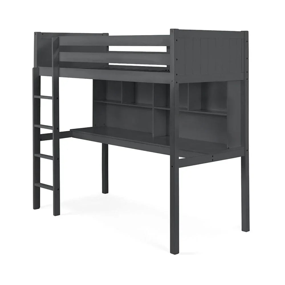 Grey wooden bunk bed with integrated desk, shelving and ladder