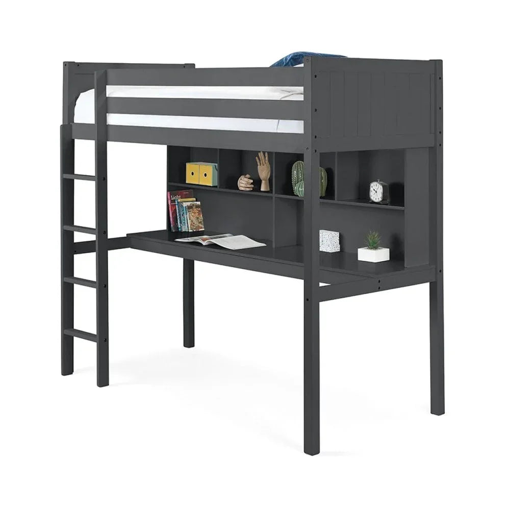 Grey wooden loft bed with integrated desk, shelves, and ladder, styled with books and decor
