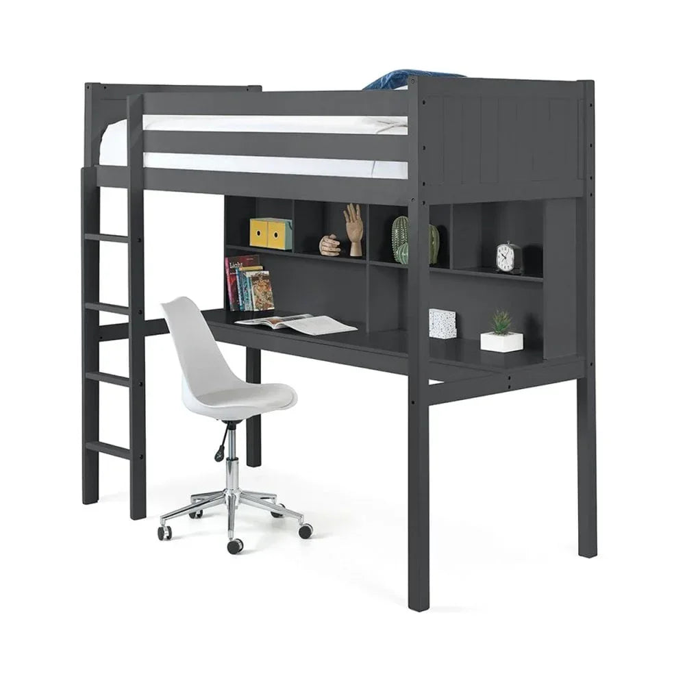 Grey loft bed with integrated desk, shelving, and ladder, styled with books and decor