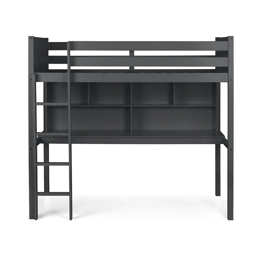 Black wooden loft bed with built-in ladder and under-bed shelving unit
