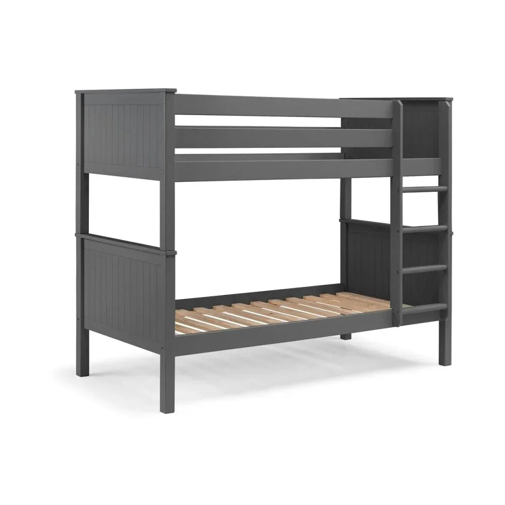 Dark grey wooden bunk bed with slatted base and built-in ladder, side view