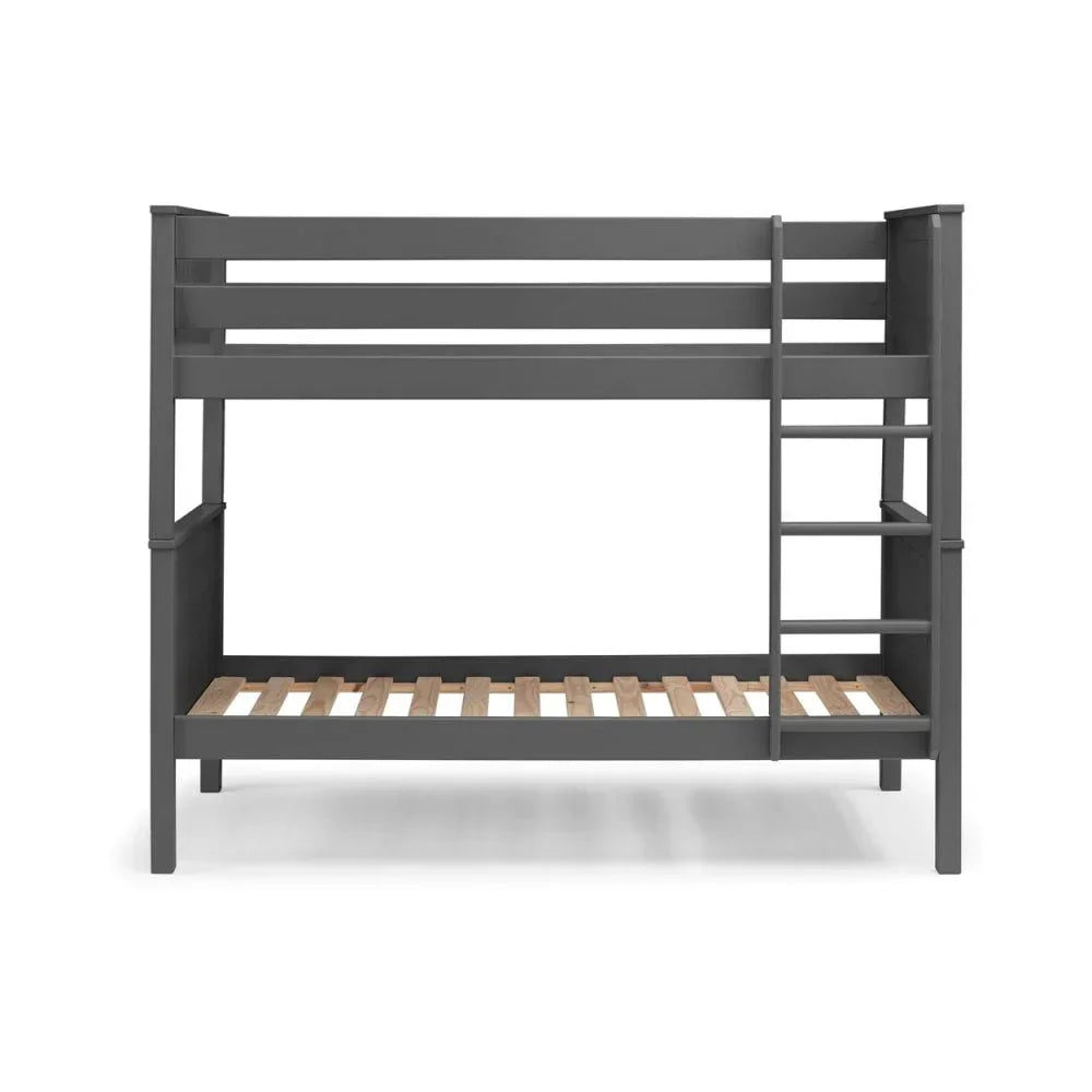 Grey wooden bunk bed frame with ladder and slatted base, front view