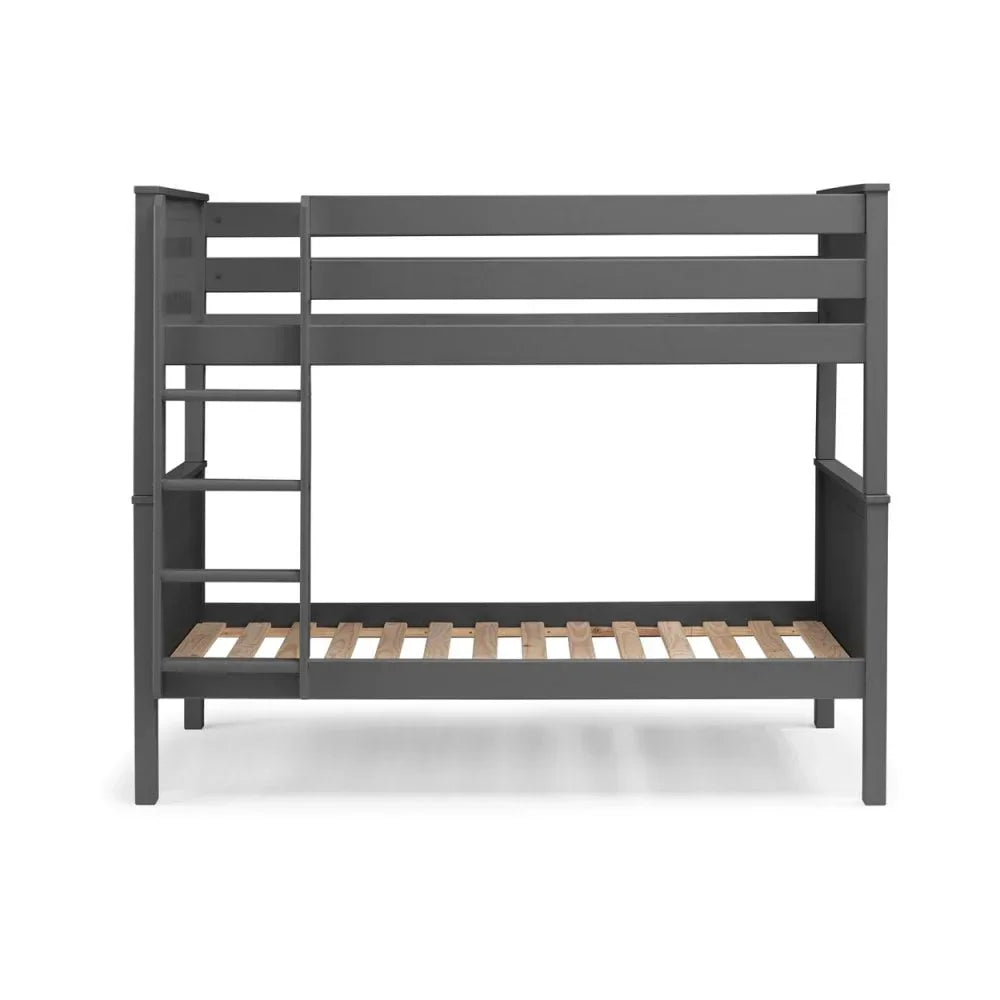 Grey wooden bunk bed frame with ladder and slatted base, front view