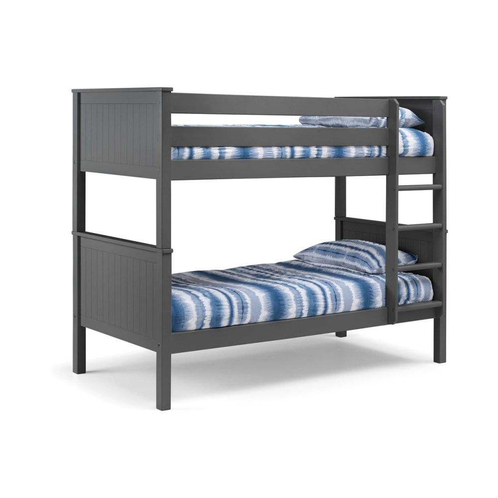 Grey wooden bunk bed with ladder and blue striped bedding, side view