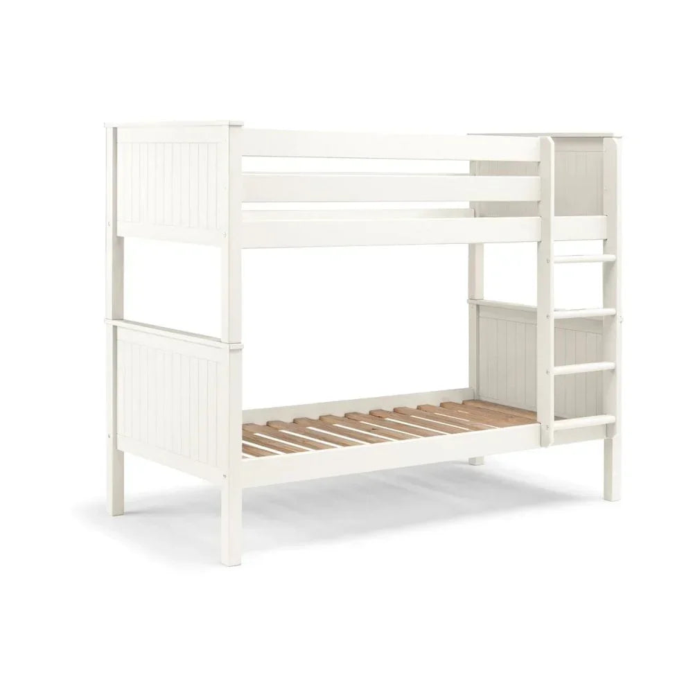 White wooden bunk bed frame with ladder and slatted base, viewed from an angle