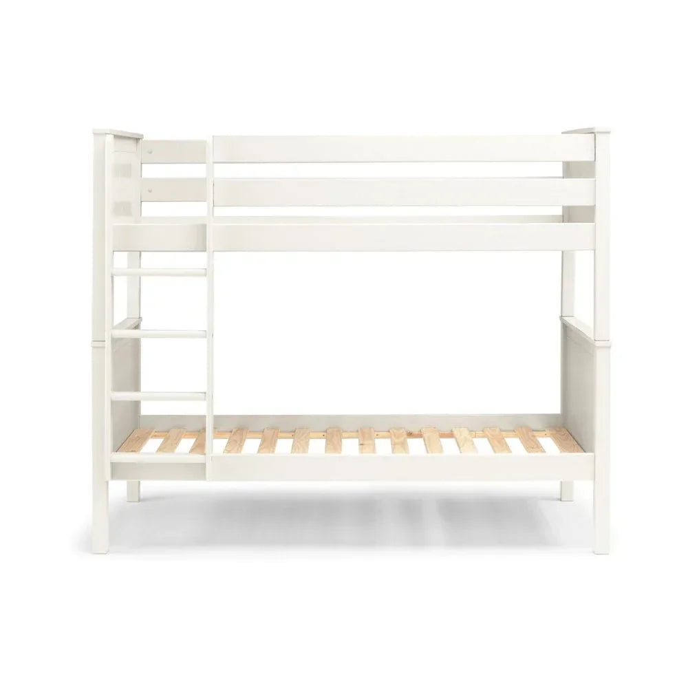 White wooden bunk bed frame with ladder and slatted bases, front view