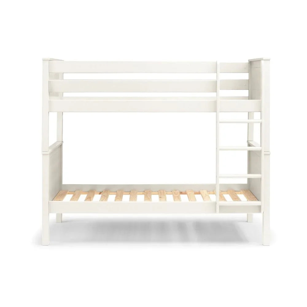 White wooden bunk bed with slatted base and side ladder, front view