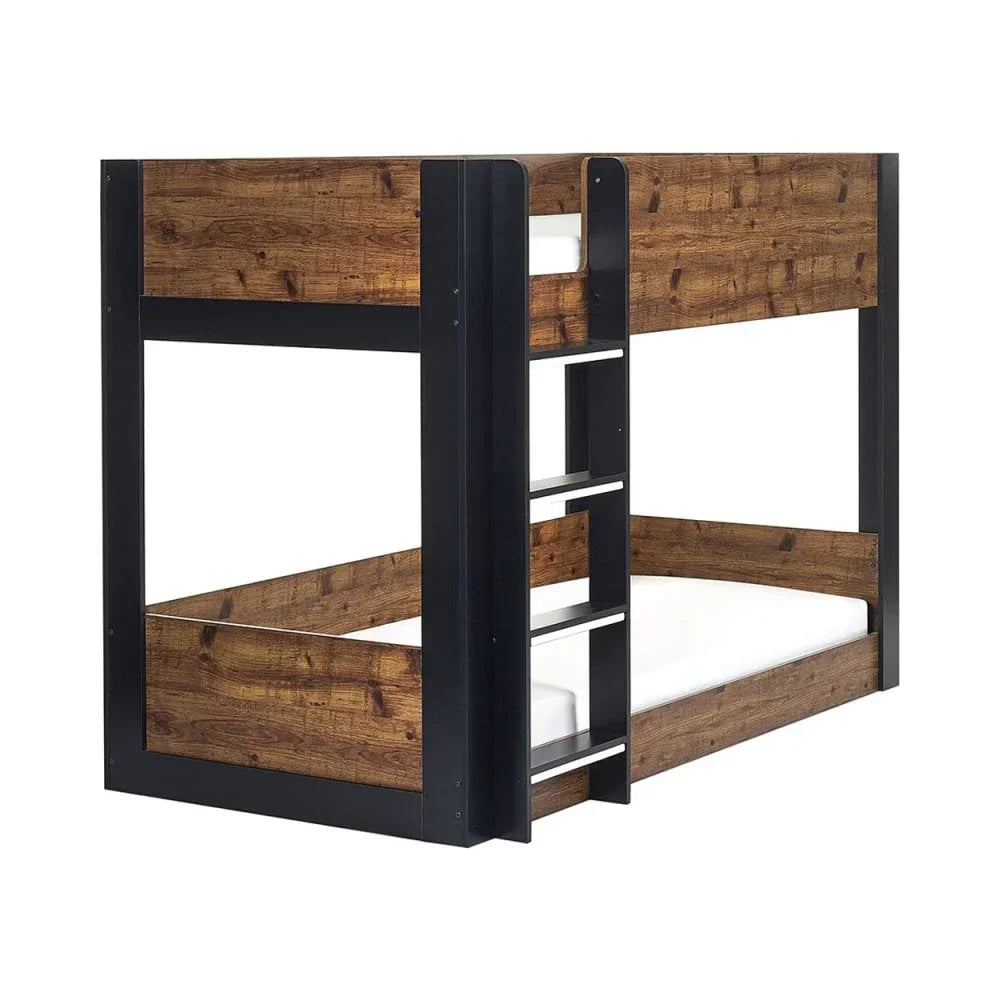 Wood and black metal bunk bed with built-in ladder and white mattresses