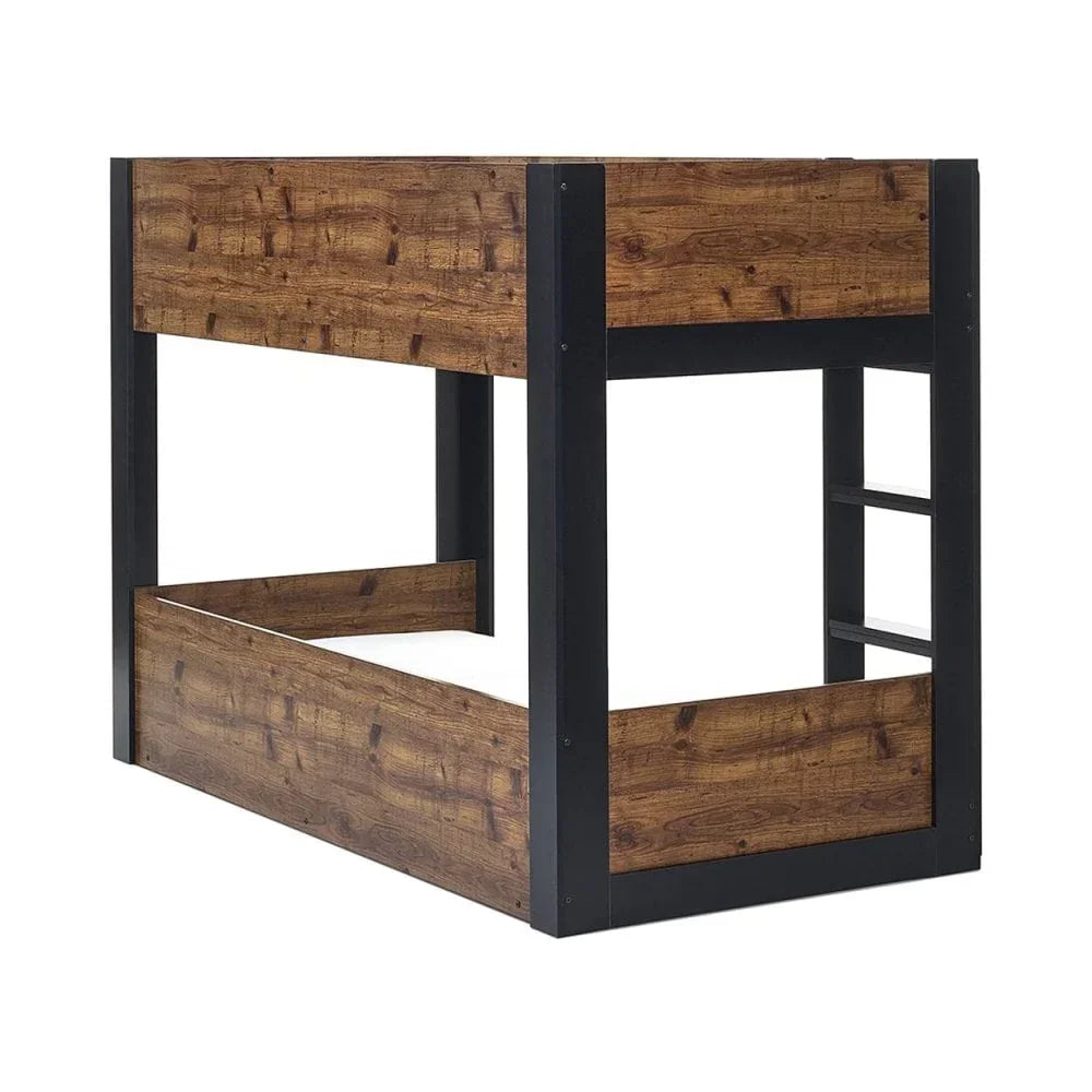 Wood and metal bunk bed frame with built-in ladder, shown from side angle