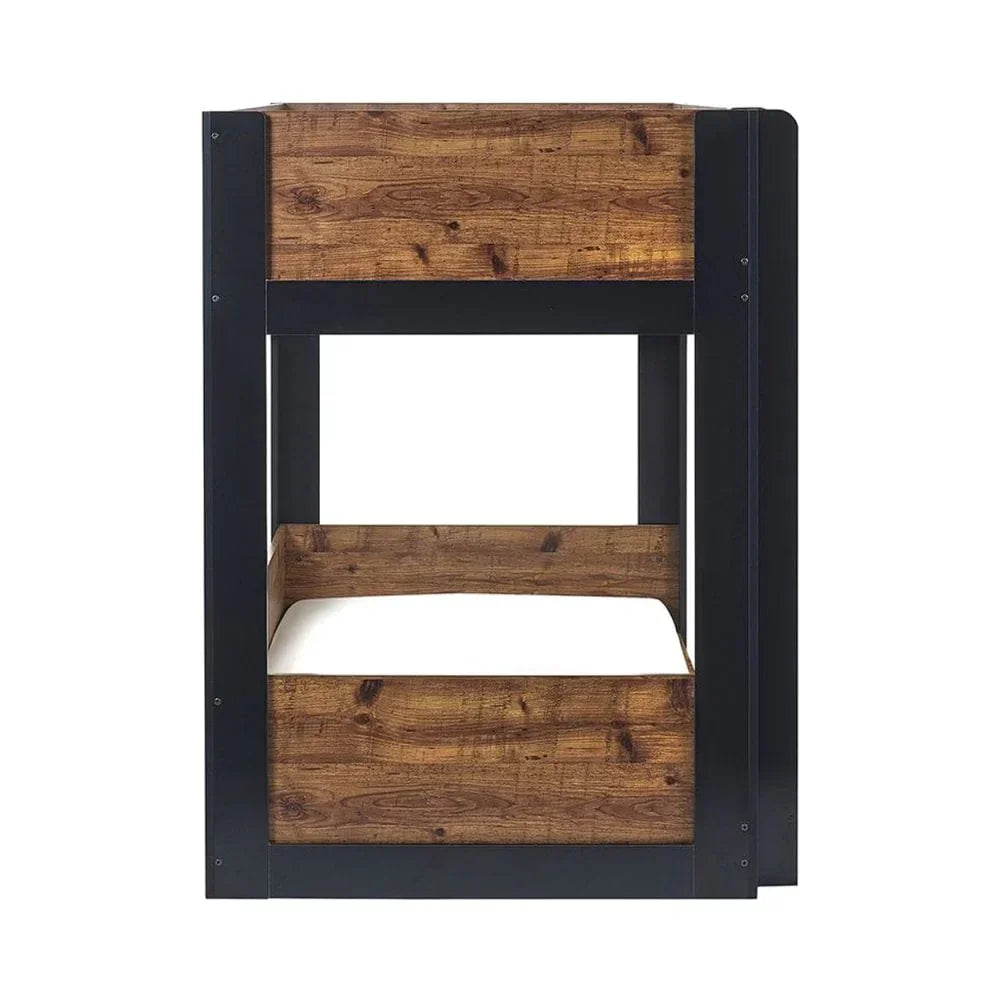 Wood and black metal bunk bed with wooden panels, front view