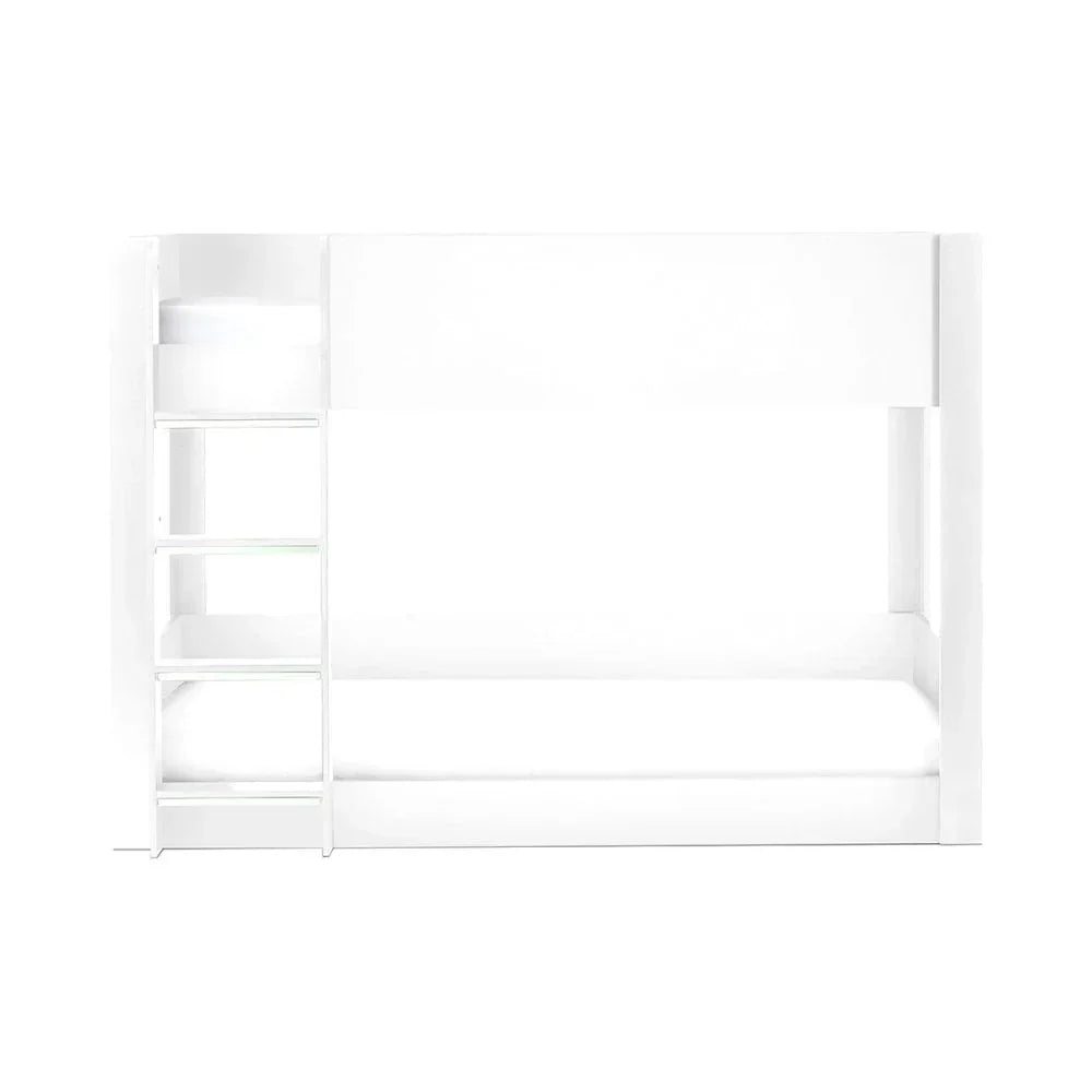White wooden bunk bed with ladder and integrated shelving on the side