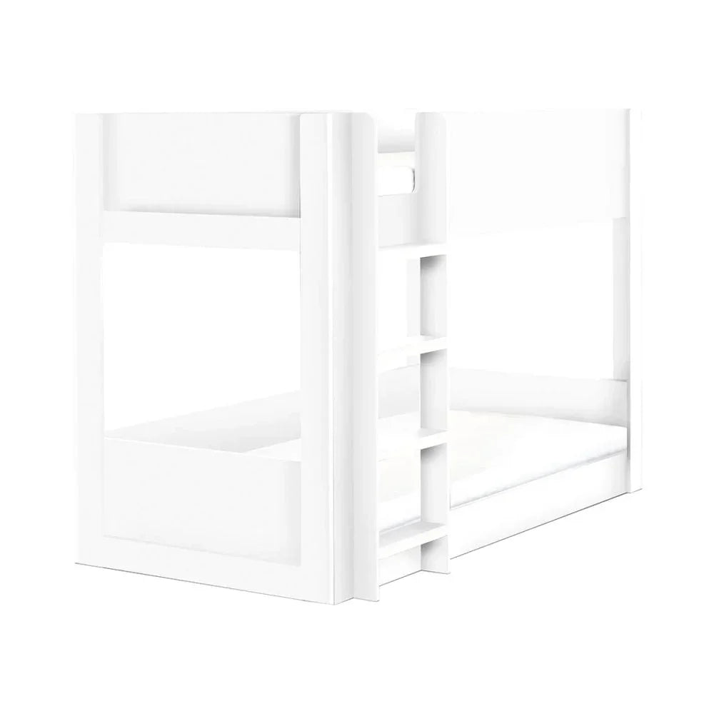 White wooden bunk bed with ladder and safety rails, shown from front angle