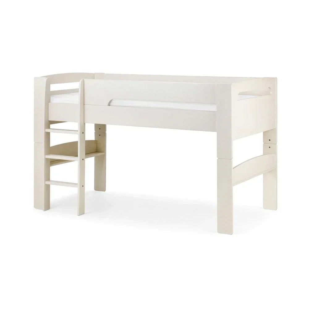 White wooden mid sleeper kids bed with ladder and safety rail, side view