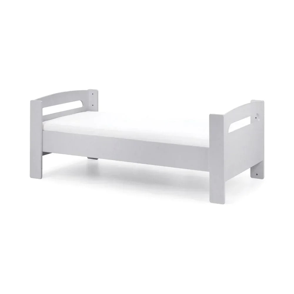 White wooden single bed frame with low headboard and footboard on white background
