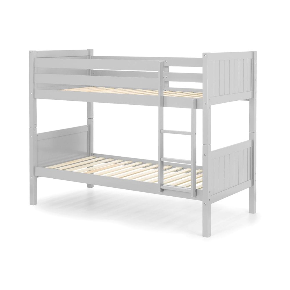 Grey wooden bunk bed frame with vertical ladder and slatted bases, front angled view
