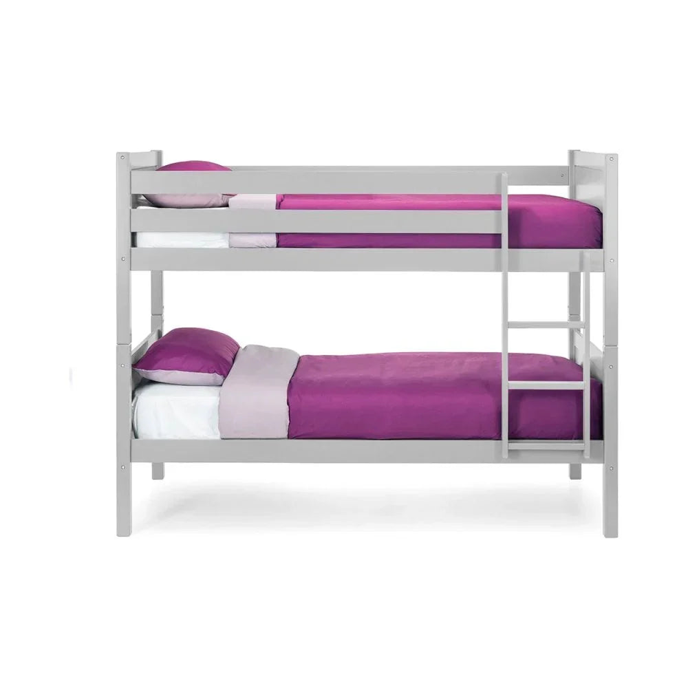 Grey wooden bunk bed with purple bedding and ladder, side view