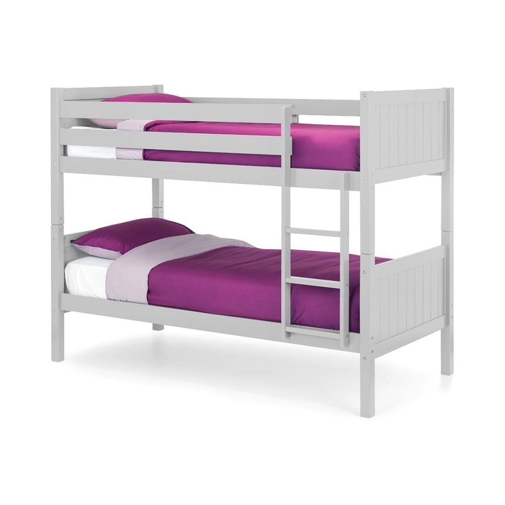 White wooden bunk bed with ladder and purple bedding against a white background