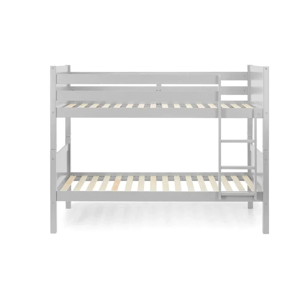 Grey wooden bunk bed frame with built-in ladder and slatted bases, front view