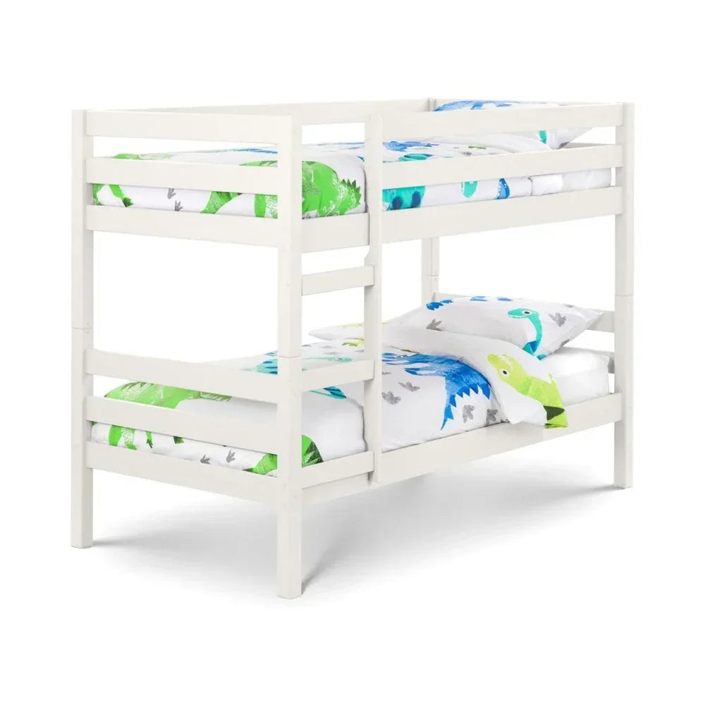 White wooden bunk bed with dinosaur bedding and side ladder, angled front view