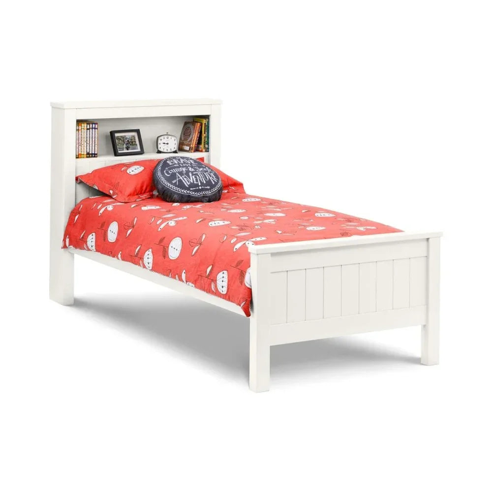 White wooden single bed with bookshelf headboard and red bedding
