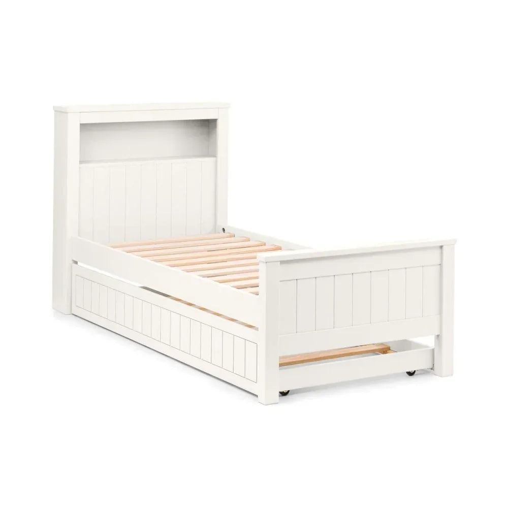 White wooden single bed frame with slatted base, high headboard, and pull-out trundle drawer