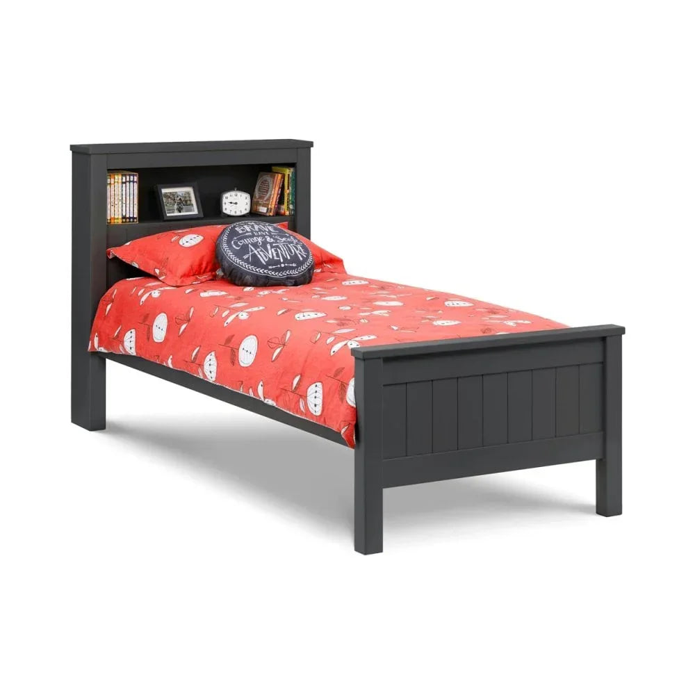 Grey single bed frame with bookcase headboard and red bedding