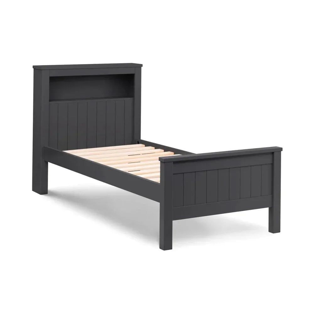Charcoal wood single bed frame with slatted base and headboard storage shelf
